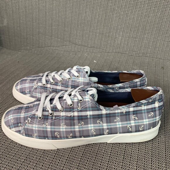 Sperry Top Sider Womens Size 8.5 Gray & white Canvas Anchor Plaid Sneakers - Picture 1 of 7